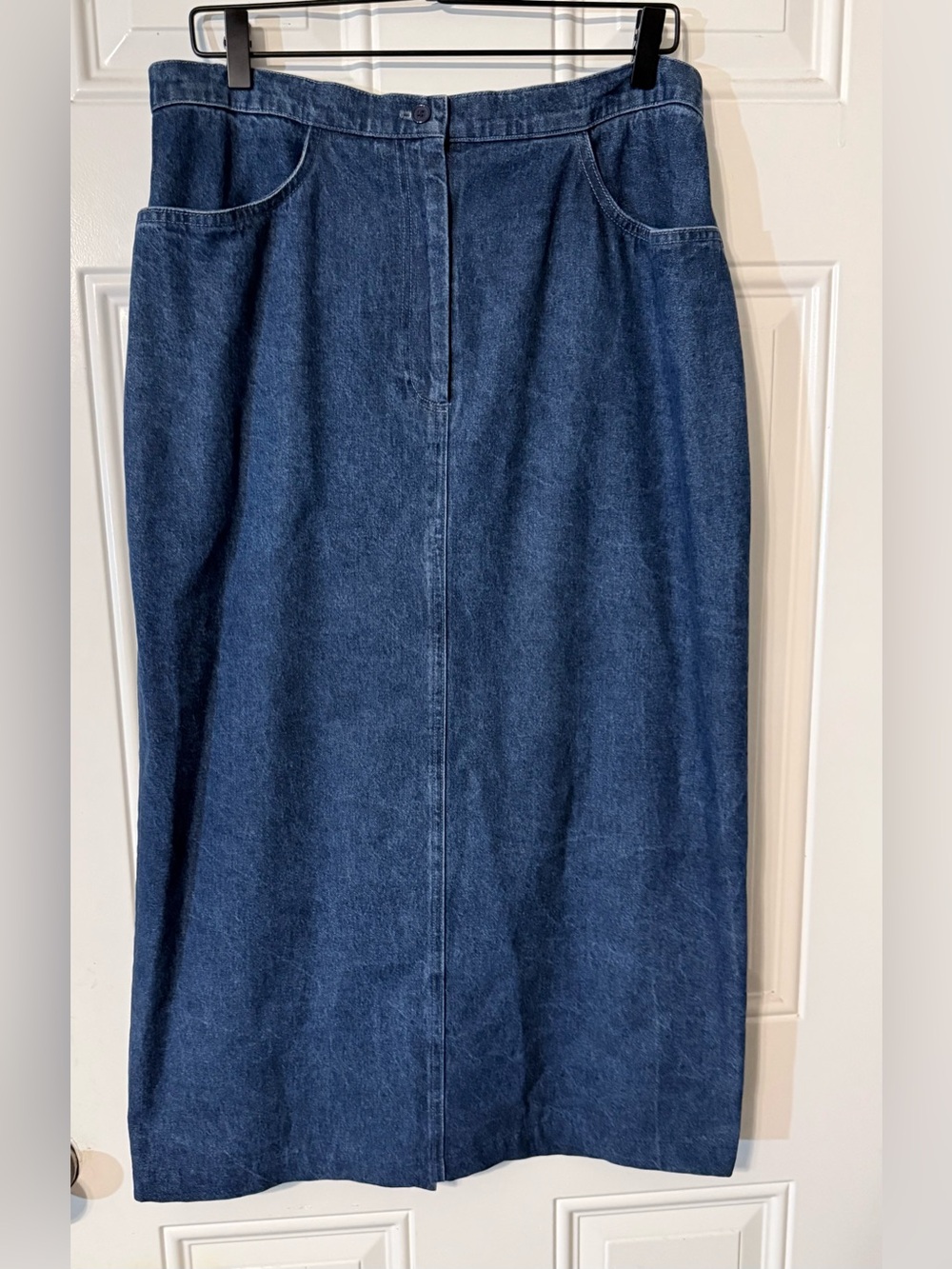 Women's Dark Blue Denim Midi Skirt with Front Seam